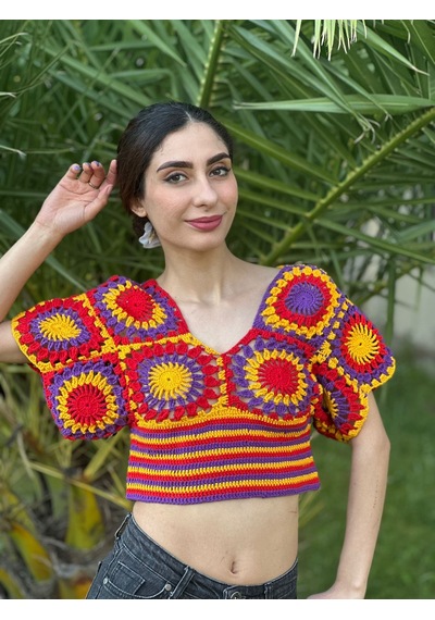 Gönülden Tasarım El Örgüsü Etnik Kadın Crop Bluz Turuncu