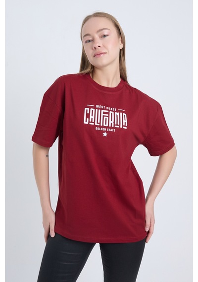 Kadın Oversize Baskılı T-shirt Bordo California Bordo