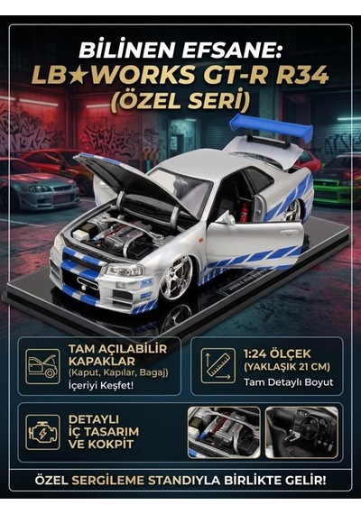 Hobbiez Lisanslı Nissan Skyline R-34 Model Diecast Car 1/24 Ölçek Metal Standlı Araç