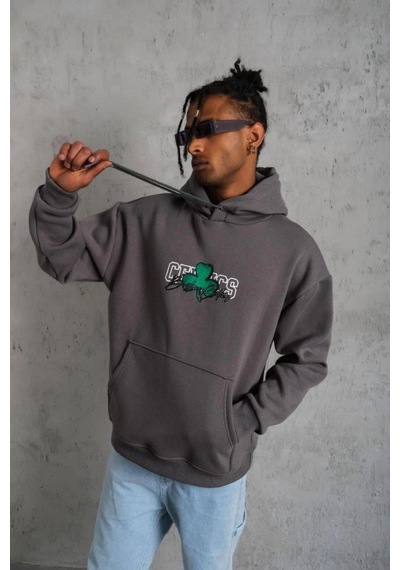 Mbb E-ticaret Erkek 3 İplik Pamuklu Kapüşonlu Baskılı Cepli Oversize Sweatshirt Hoodie - Gri