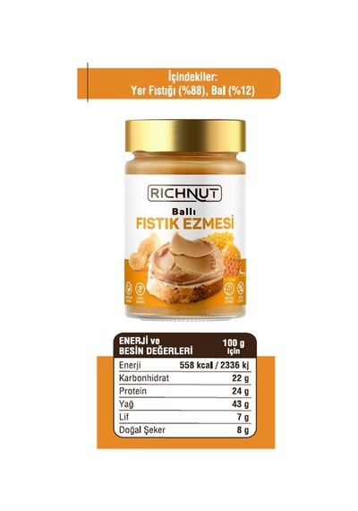 Ballı Fıstık Ezmesi 300 Gr Katkısız, Şekersiz, Doğal