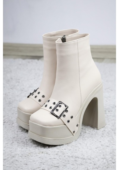 Asmi Shoes Kadın Latina 12 Cm Platform Topuklu Fermuarlı Bot Krem Cilt Krem