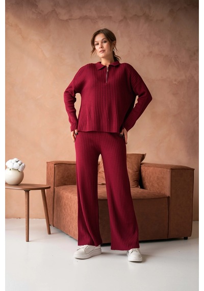 Park Karon Kadın Bordo Polo Yaka Oversize Kazak Pantolon Triko Alt-üst Takım 10955 Bordo