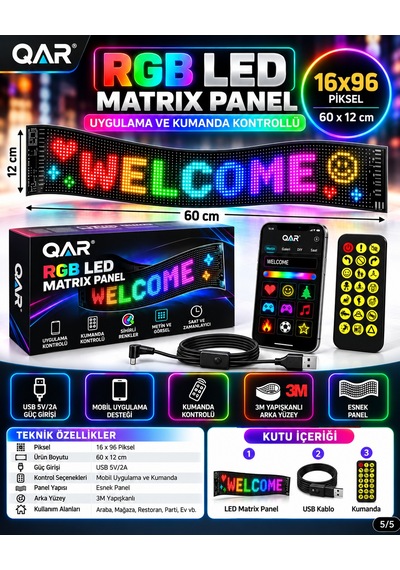 Led Matrix Panel Bluetooth Telefon Kontrollü Programlanabilir Yazı Resim Animasyon Gösteren Rgb Led Ekran Panosu Siyah