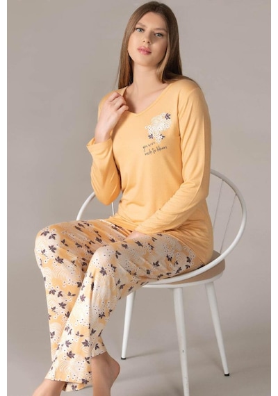 Flz Kadın Uzun Kol Pijama Takımı Viskon Mevsimlik Dowry 09-130 Hardal