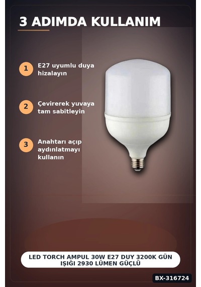 Led Torch Ampul 30w E27 Duy 3200k Gün Işığı 2930 Lümen Güçlü İç Mekan Aydınlatma Bx-316724 Standart