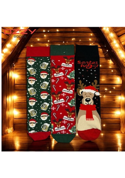 Ozzy Socks Unisex Yılbaşı Çorap 3 Çift Kırmızı