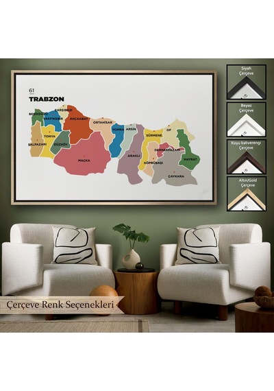 Çerçeveli Trabzon İli Ve İlçeler Haritası Dekoratif Kanvas Tablo-1470