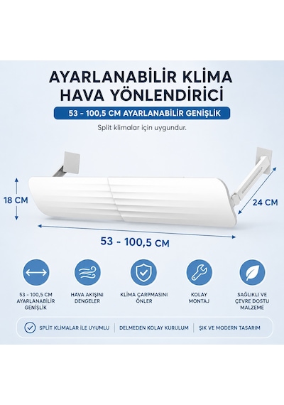 Klima Yönlendirici Aparat 53-100,5 cm Ayarlanabilir Klima Hava Yönlendirici Rüzgar Kesici Deflektör Klima Siperliği