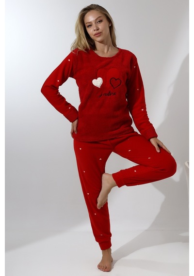 Wordex Fawn 5005 Peluş Welsoft Polar Kışlık Yumoş Kadın Pijama Takımı Kırmızı