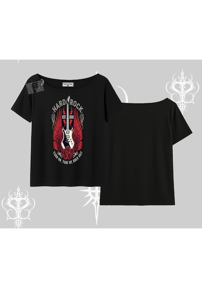 Tarzsokak Kayık Yaka Tshirt Hard Rock Winged Guitar Rebellion Siyah