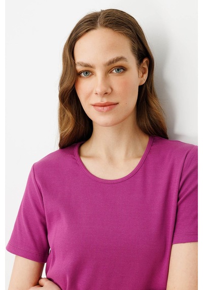 Kadın Sıfır Yaka Kısa Kol Pamuk Kaşkorse T-shirt Sıklamen pembe