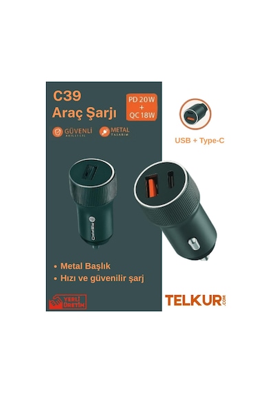 Ferro C39 Çift Çıkışlı Usb-c 18w & Pd 20w Metal Araç Şarj Başlığı
