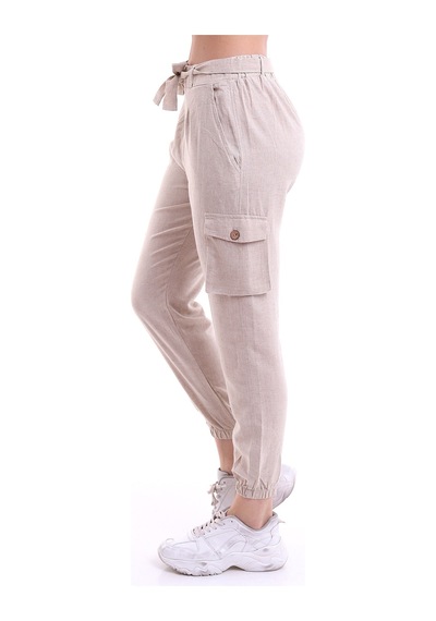 Winmoda34 Keten Pantolon Kargo Cepli Lastik Paça Taş Rengi Taş
