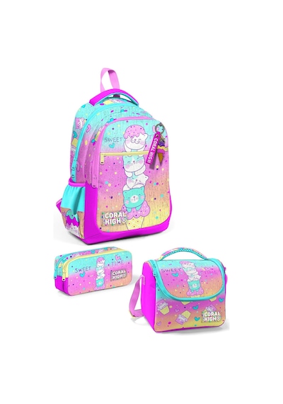Coral High Kids Renkli Dondurmalı Kedi Desenli 3 Lü Okul Çanta Seti Set0123648