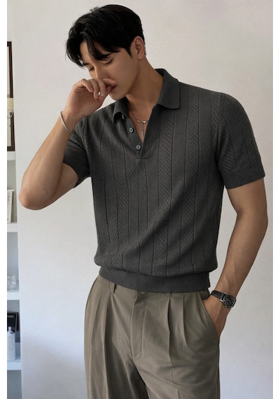 Tarz Cool Erkek Triko Polo Yaka Tişört Slim İnce Dokulu Şık Basic Triko T-shirt Siyah