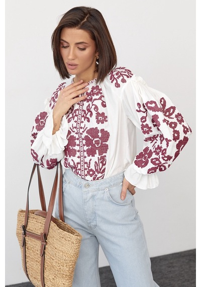 Femelle Kadın Yeni Sezon Komple Çiçek Nakış İşlemeli Tasarım Vintage Bluz Beyaz