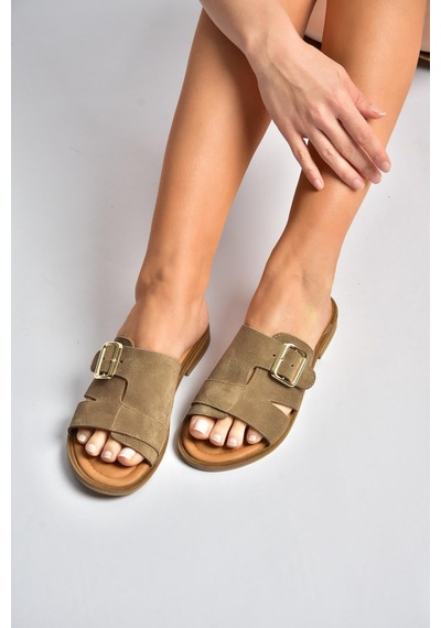 Fox Shoes Y944791002 Vizon Hakiki Deri Süet Kadın Terlik