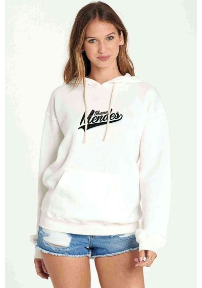 Shawn Mendes Logo Baskılı Beyaz Kadın Kapşonlu Sweatshirt
