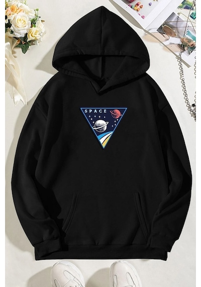 Uyguntarz Unisex Space Baskılı Sweatshirt siyah