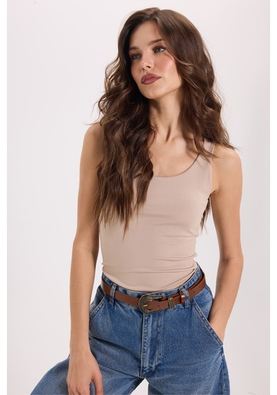 Tudors Kadın Standart Fit Normal Kesim Kolsuz Halter Yaka Bej Crop Atlet-50964