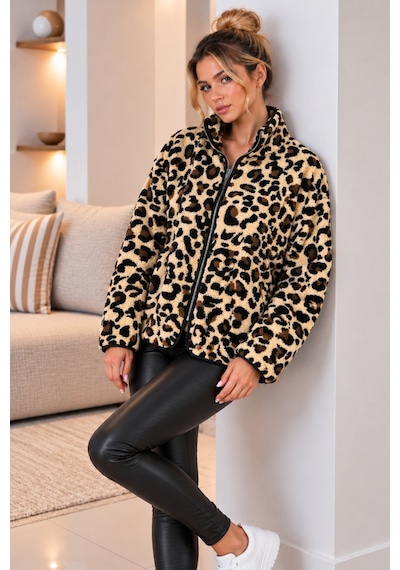 Lima Leopar Kadın Desenli Polar Ceket Fermuarlı Dik Yaka Oversize Kışlık Polar