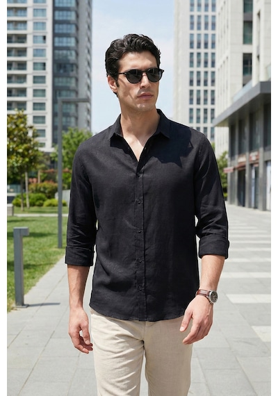 Buratti Pamuklu Regular Fit Klasik Yaka Uzun Kollu % 100 Keten Gömlek Erkek GÖMLEK CF26S1210000 Siyah