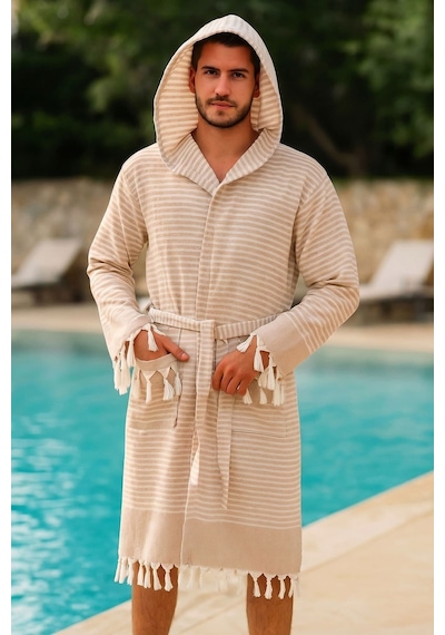 Kapşonlu Unisex Peştemal Plaj Bornozu %100 Pamuklu Seaside Stripe Kahverengi