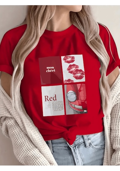 Uyguntarz Unisex Red Mon Cheri Baskılı Tasarım Tshirt Kırmızı