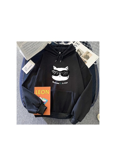 Tarzsokak Siyah Eras Turu Karma Bir Kedi Hoodies Moda Hip Hop Kawaii Ceket Ha