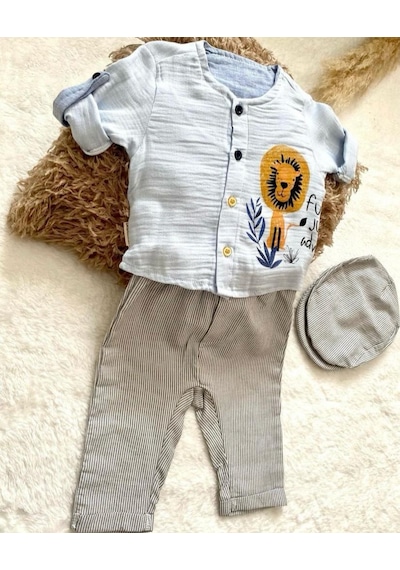 Minaz Baby Şapkalı Üçlü Takım Mavi - Gri