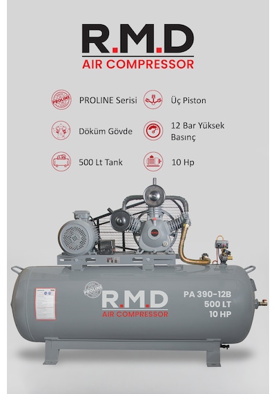 R.m.d Kompresör Pistonlu Hava Kompresörü 500 Lt 3 Kafa 12 Bar 10 Hp I Paı390ı12b