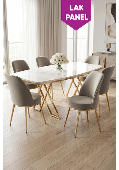 Peras Serisi 90x160 Lak Panel Beyaz Mermer Desen Gold Ayaklı Masa Takımı 6 Sandalye Beyaz Mermer Masa Cappucino Sandalye Peras Serisi 90x160 Lak Panel Beyaz Mermer Desen Gold Ayaklı Masa Takımı 6 Sandalye Beyaz Mermer Masa Cappucino Sandalye
