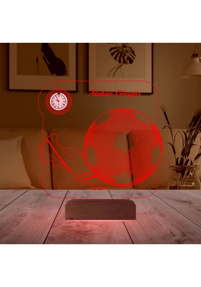 Luvivia Futbol Topu Krampon Futbolcu Hediye Kişiye Özel Metal Saatli 3d Lamba - Masa Gece Lambası Şeffaf