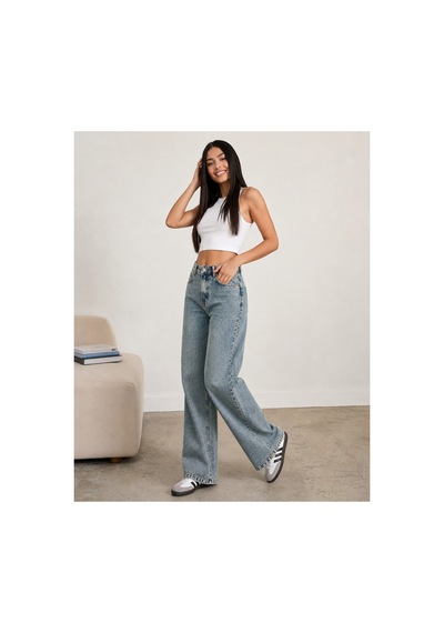 Bluemarlin Yeşil Tint İşlemli Yüksek Bel Straight Denim/kot Pantolon Yeşil Tintli