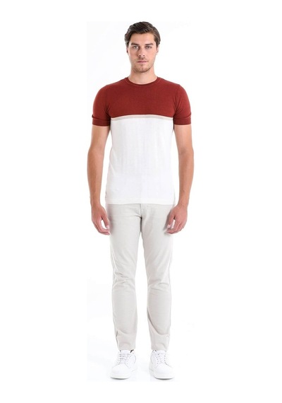 Hatemoğlu Kiremit Slim Fit Desenli Bisiklet Yaka Tişört-Kiremit
