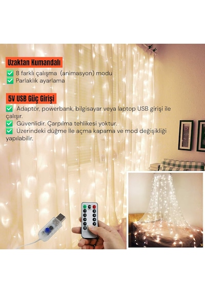 Upway 3x3 Metre Kumandalı 8 Modlu Askılı Usb 300 Led Işıklı Perde Gün Işığı Sarı