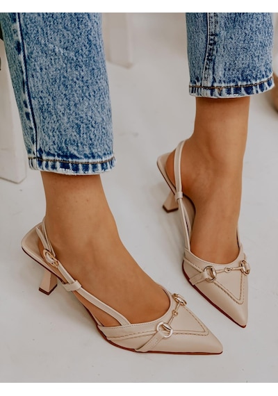 Ervanın Butiği Bej Deri Moss Toka Detay Kadın Stiletto-3649