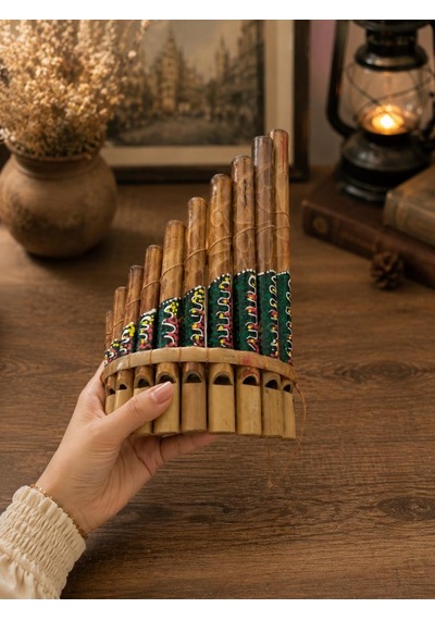 Pan Flüt El Yapımı Bambu Üflemeli Müzik Aleti 10'lu 24 X 13 Cm Otantik Dekoratif Enstrüman