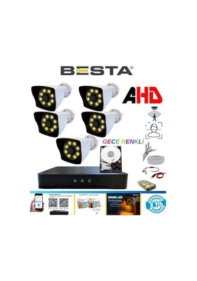 3 Dış 1 Iç 4 Kameralı Gece Renkli Wıfı Ozellikli 4 Tb Hdd Dahil Güvenlik Kamera Seti