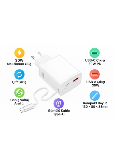 30w Gan Hızlı Şarj Cihazı Usb-a Usb-c Çıkışlı, Entegre Kablolu