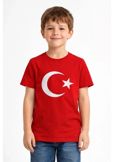 Mzpkartan Erkek Çocuk Tişört Bisiklet Yaka Ay Yıldız Bayrak Baskılı T-shirt - Kırmızı