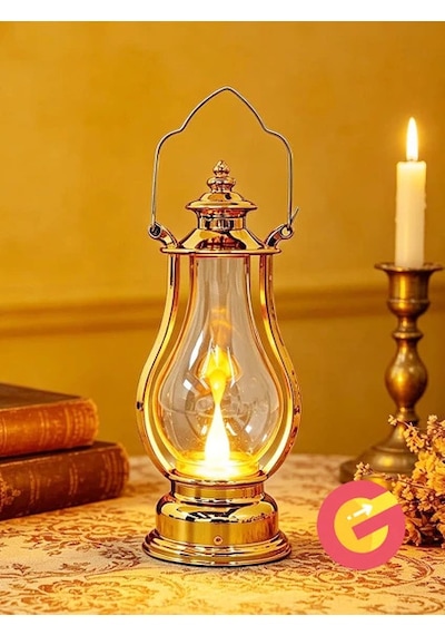 Retro Alev Efektli Led Lamba Pilli Gaz Lambası Modeli Kandil Atmosfer Dekoratif Ramazan Yılbaşı Aydınlatma Altın