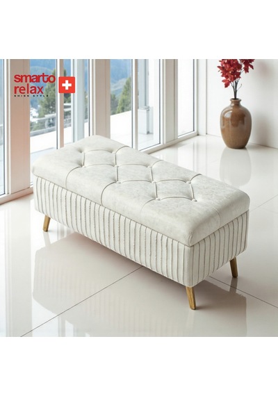 Smarto Relax Swiss Style Puf , Appenzell Kapitone Sandıklı Puf, Babyface Kaplama, 100x40x45 Cm, Ahşap Ayaklı ,sandıklı Dekoratif Puf Ekru Bej