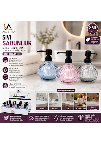 Alvetro Alv-02 Sıvı Sabunluk 360ml Şeffaf Renkli Cam Yuvarlak Kesik Desenli - 12'li Paket Diğer