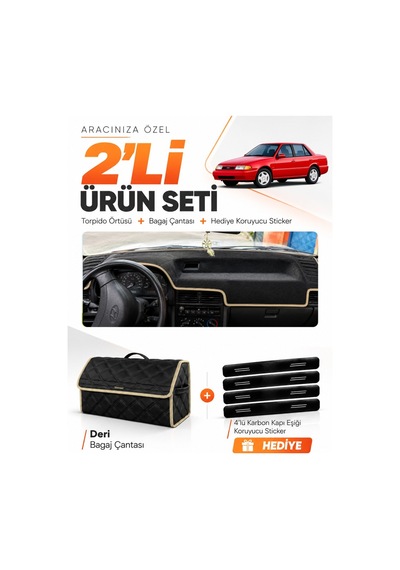 E-biz Hyundai Excel 1989-1994 Uyumlu Torpido Örtüsü + Deri Bagaj Çantası Seti - Siyah-bej - Hu019