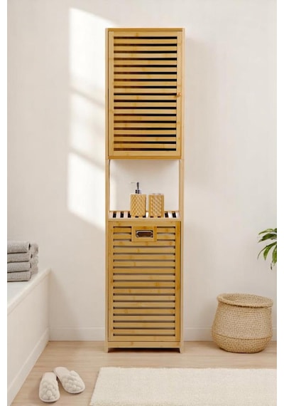 Digithome Bambu Kirli Sepetli 1 Raflı Kapaklı Banyo Dolabı Banyo Düzenleyici Çamaşır Sepeti Organizer Db-0010 Kahverengi