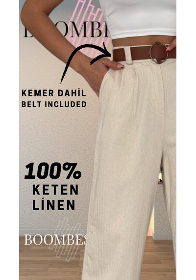 Ham Keten Kemerli Beli Lastikli Gabardin Palazzo Kadın Pantolon Natural Keten Bej