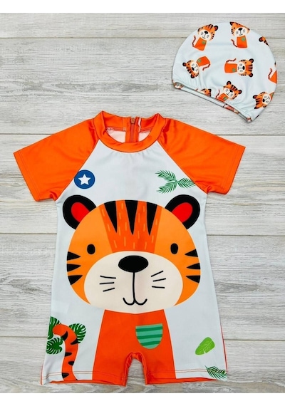 My Kids Wear Çizgi Film Desenli Fermuarlı Boneli Erkek Çocuk Mayo Takımı Turuncu