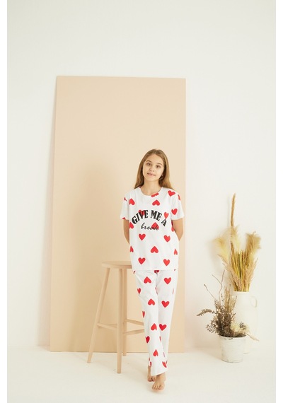 Siyah İnci Pamuklu Bisiklet Yaka Örme Pijama Takım25107148 Ekru